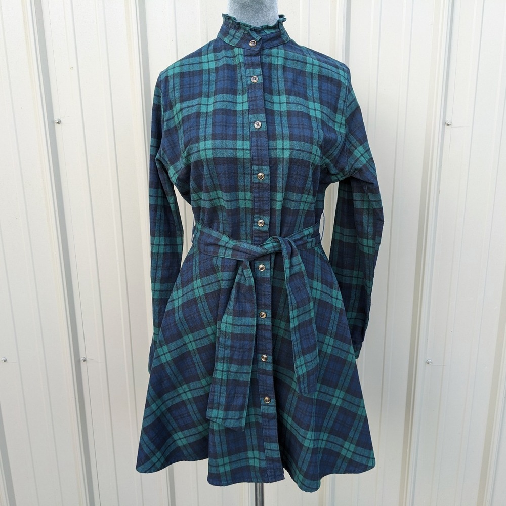 Kiel James Patrick Cozy Cabin Flannel Plaid Dress M Blue Green Pockets Belt Mini